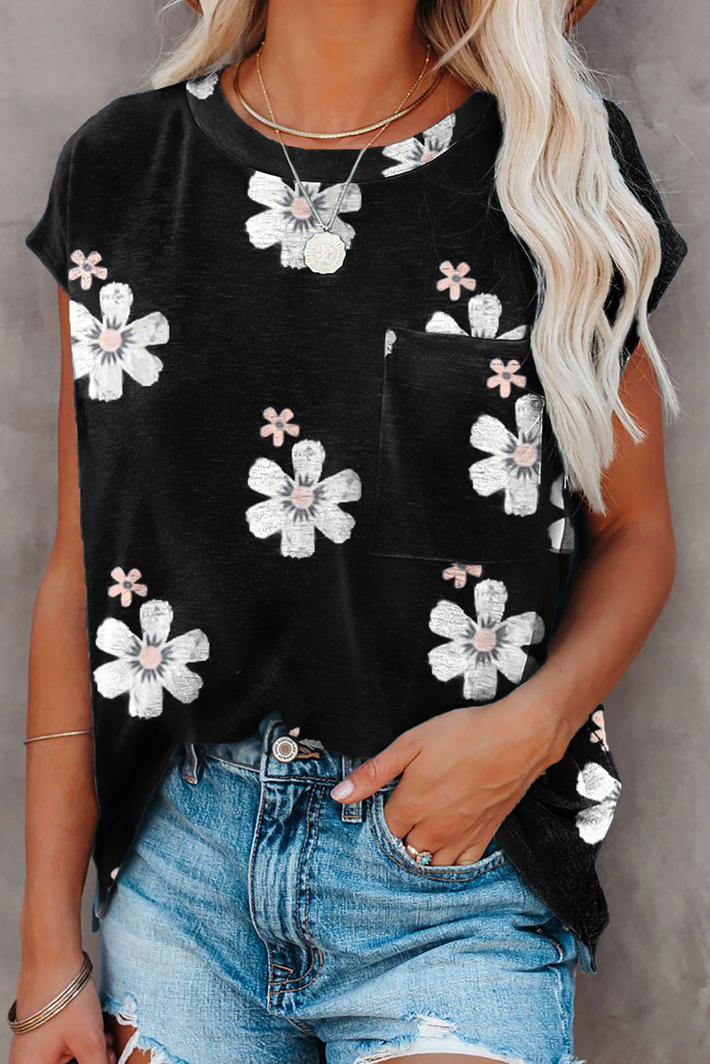 Gray Floral Cap Sleeve T-Shirt with Pocket