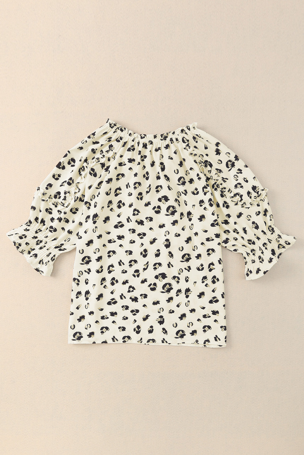 Beige Leopard Print Frilled Half Sleeve Blouse with Tassel Tie