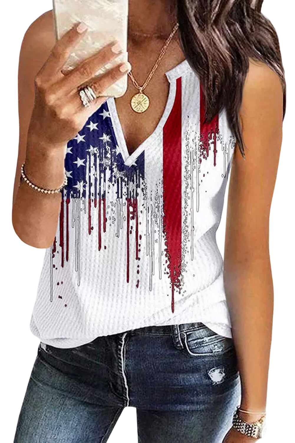 Majica bez rukava s V izrezom s dizajnerskim printom bijele američke zastave