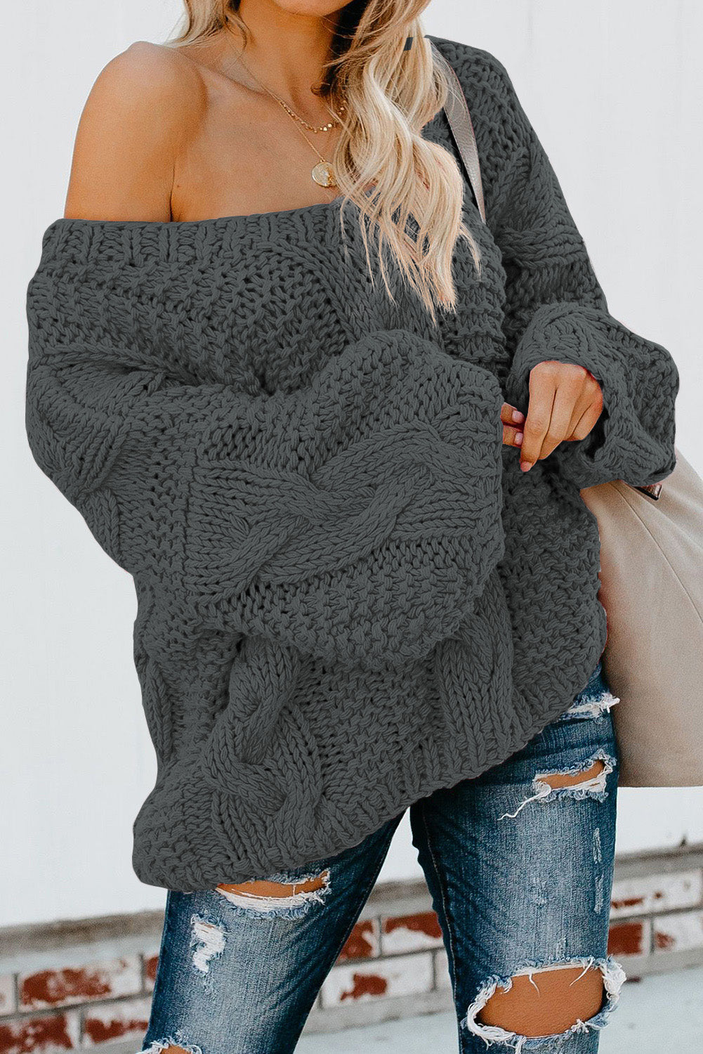 Dark Gray Bubblegum V-Neck Braided Knit Sweater