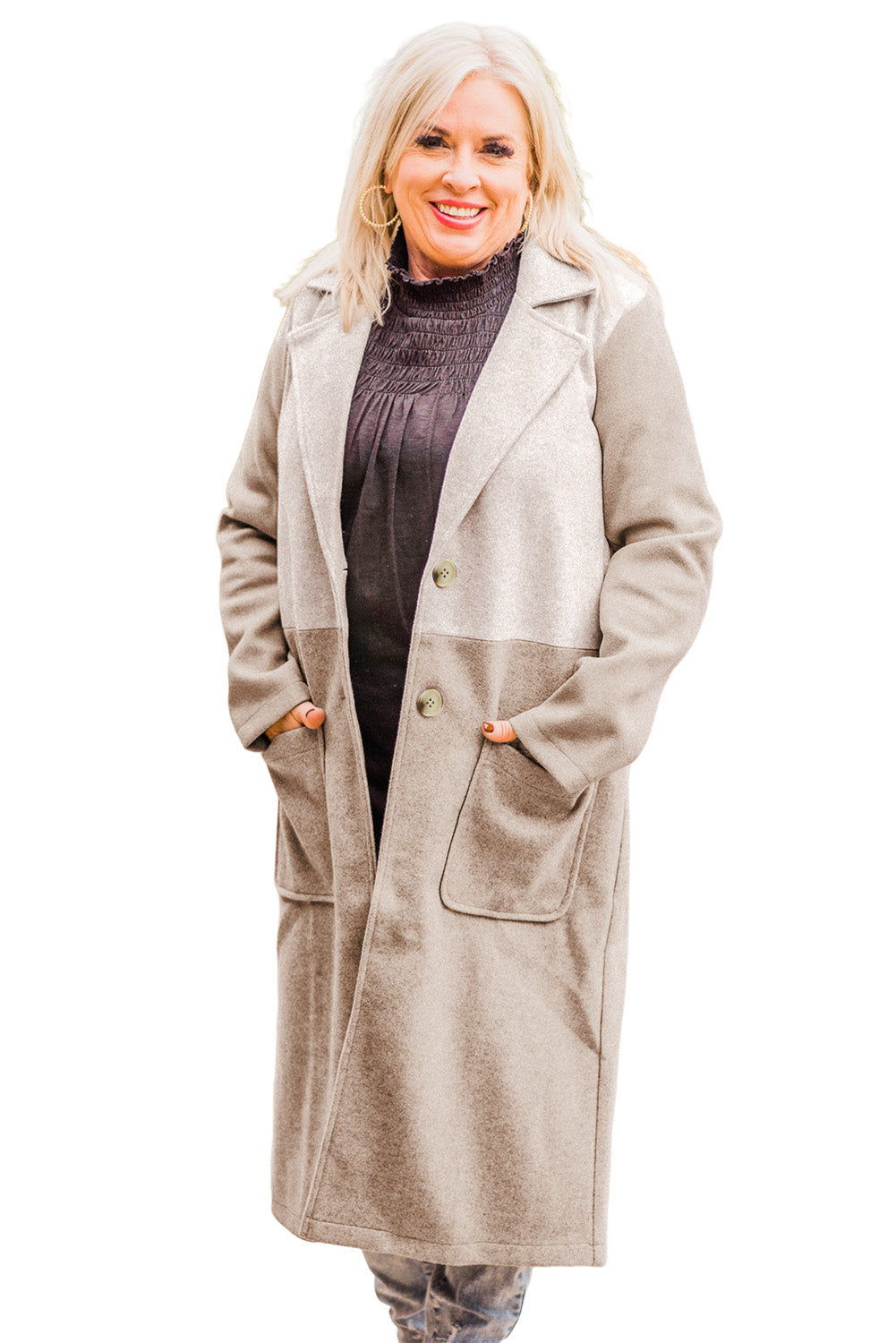 Khakifarbener, langer Mantel mit Farbblock-Reverskragen in Übergröße