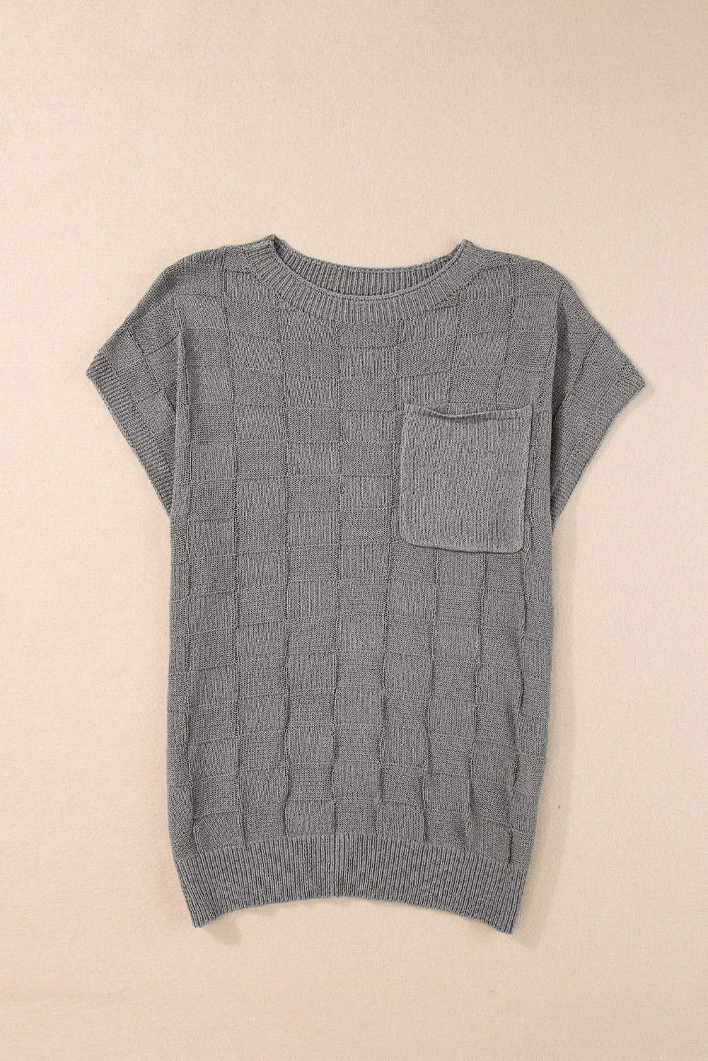Gray Lattice Textured Knit Short Sleeve Sweater