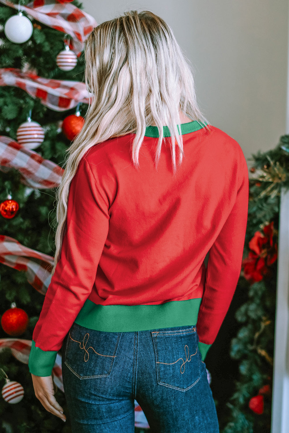 Ognjeno rdeč pulover Merry & Bright Graphic Contrast Trim