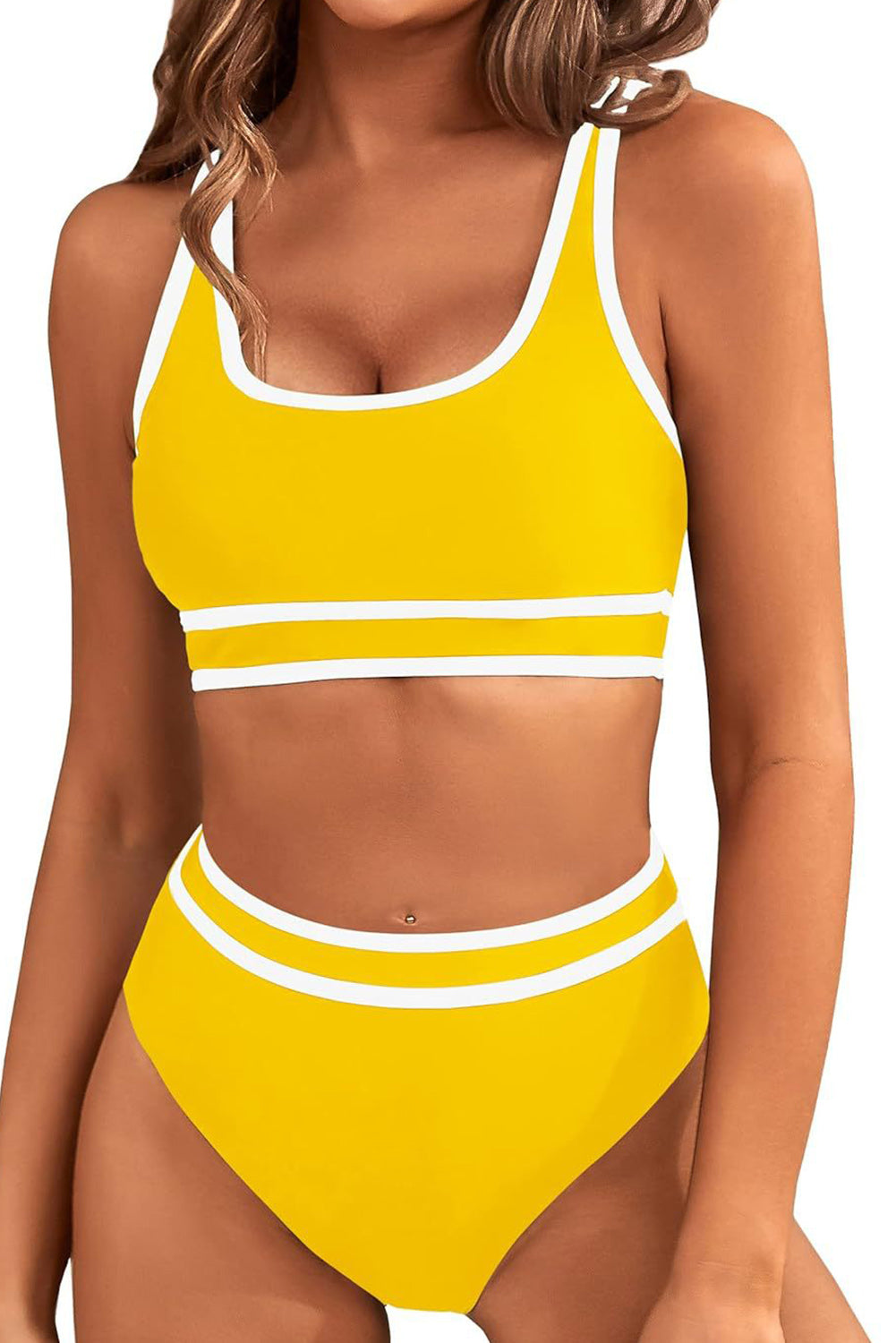 Bikini visokog struka s U izrezom i obrubljenim žutim kontrastom