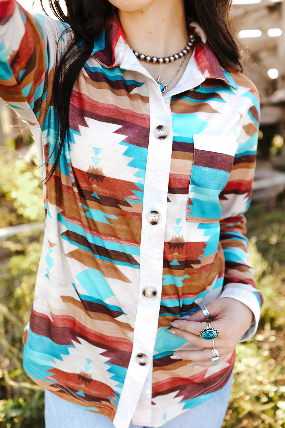 Večbarvna srajca z dolgimi rokavi z azteškim potiskom in gumbi