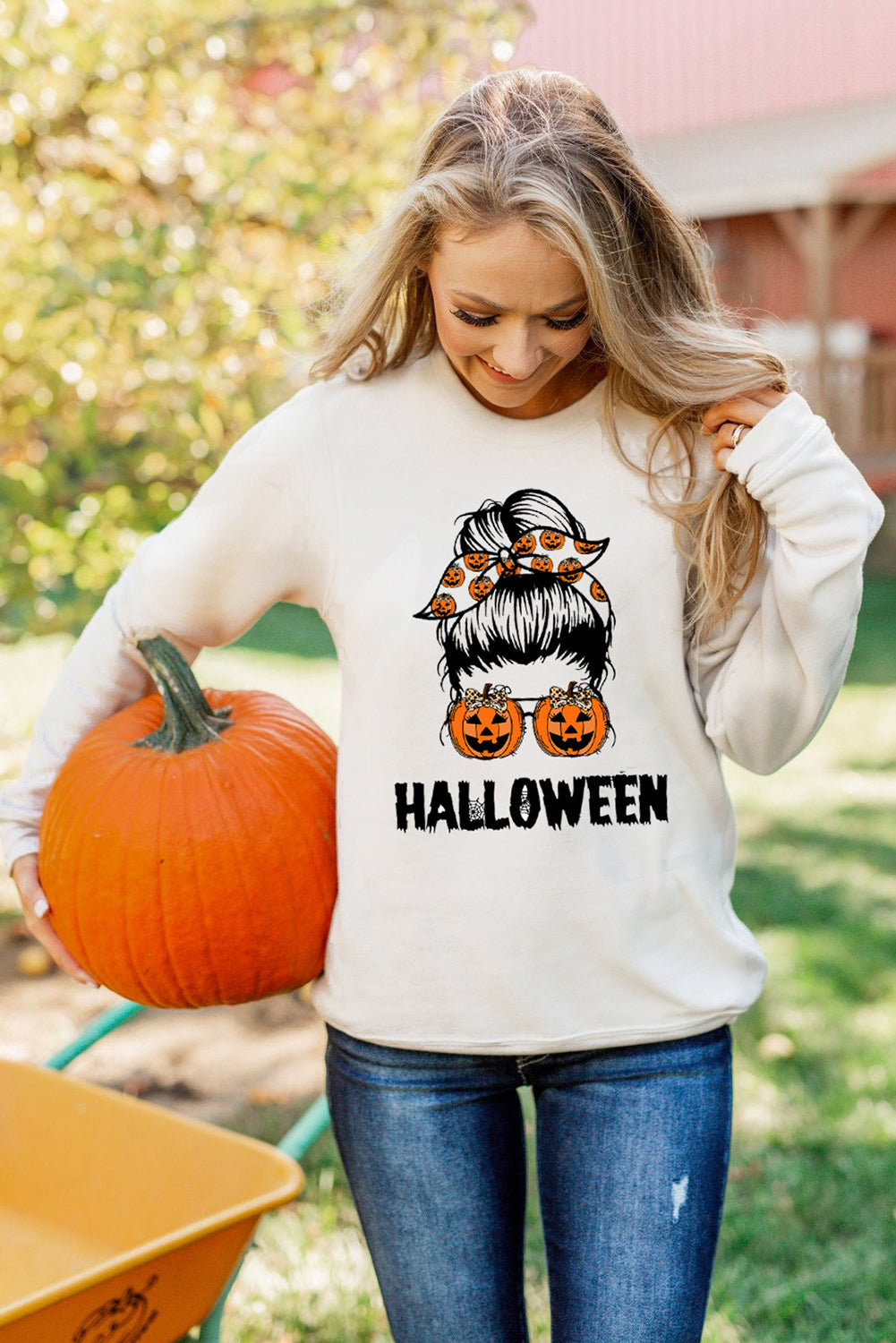 Halloween Letter Pumpkin Graphic Print Crew Neck Sweatshirt