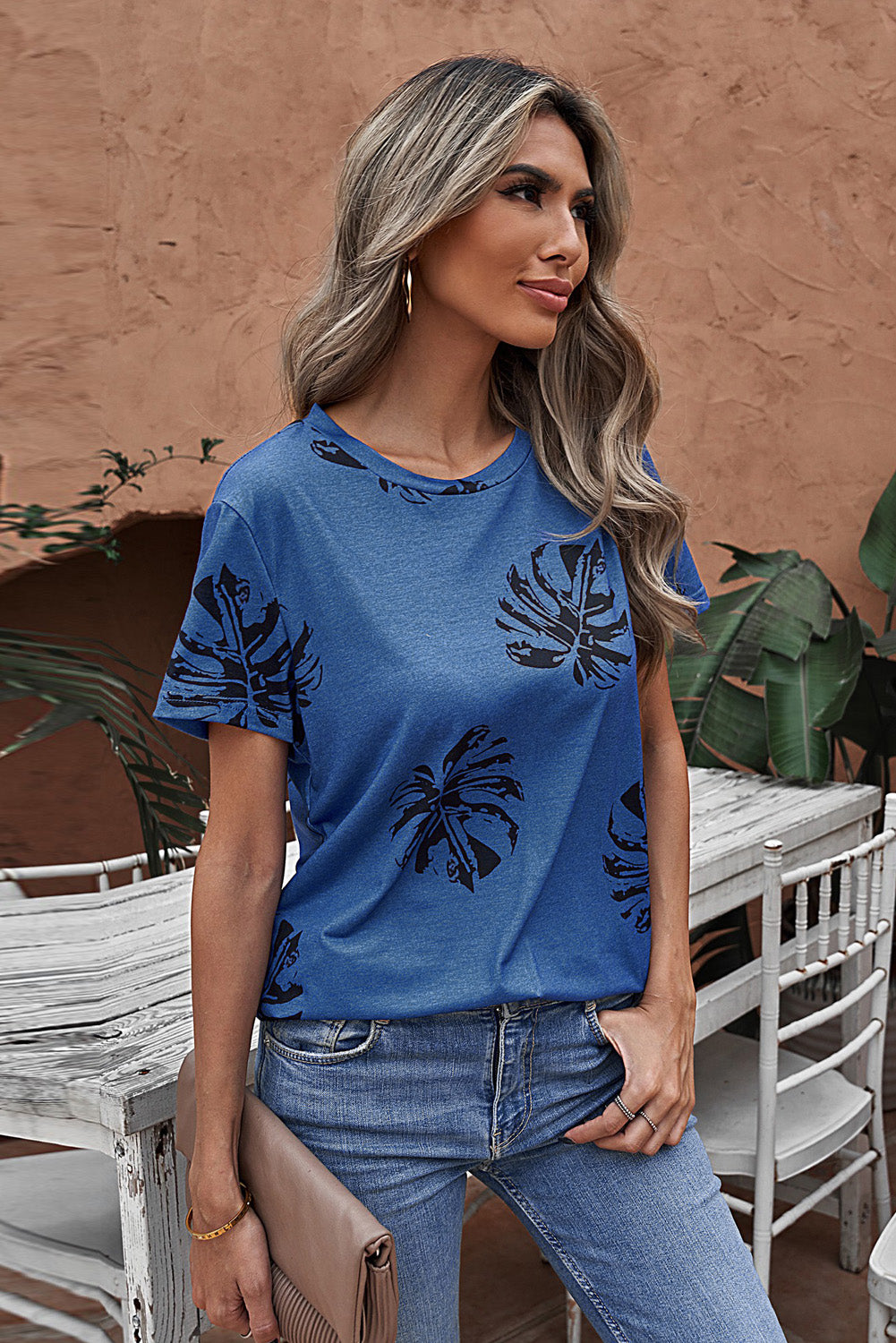 Gray Crew Neck Tropical Plants Print T-shirt