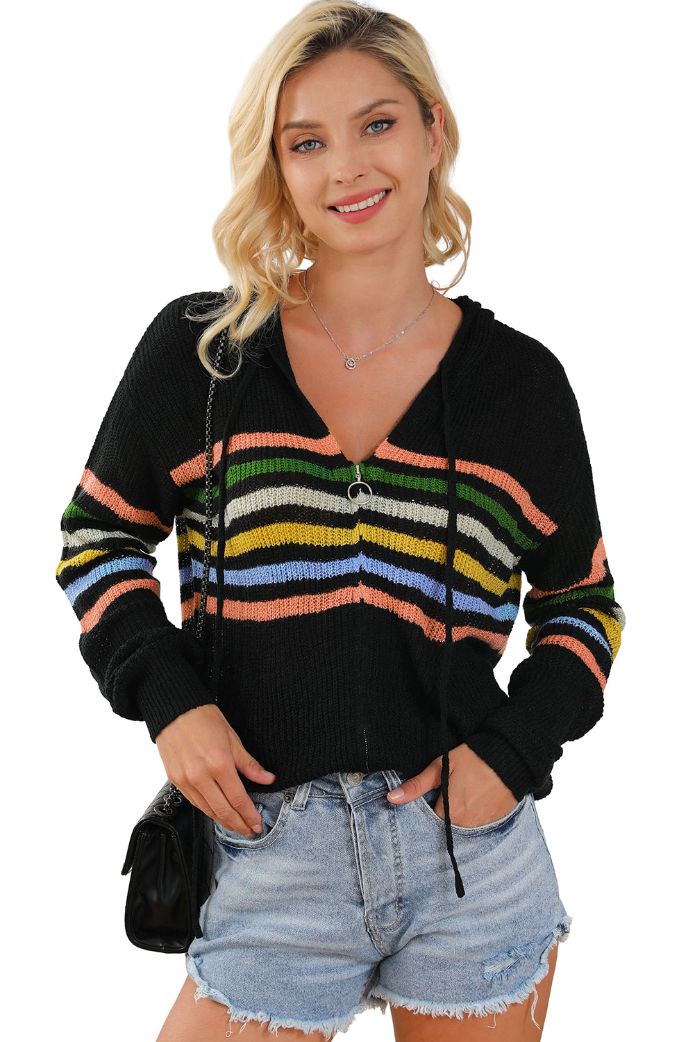 Black Striped Detail Zip Up Hooded Sweater Cardigan