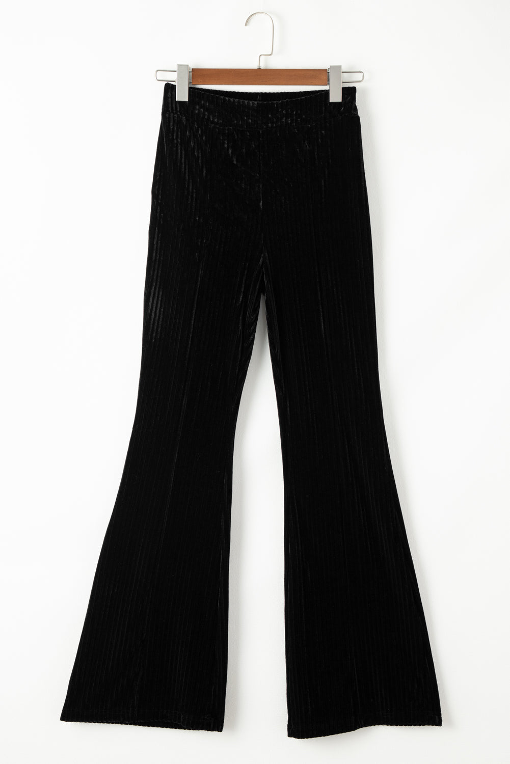 Črne enobarvne velvet hlače z visokim pasom