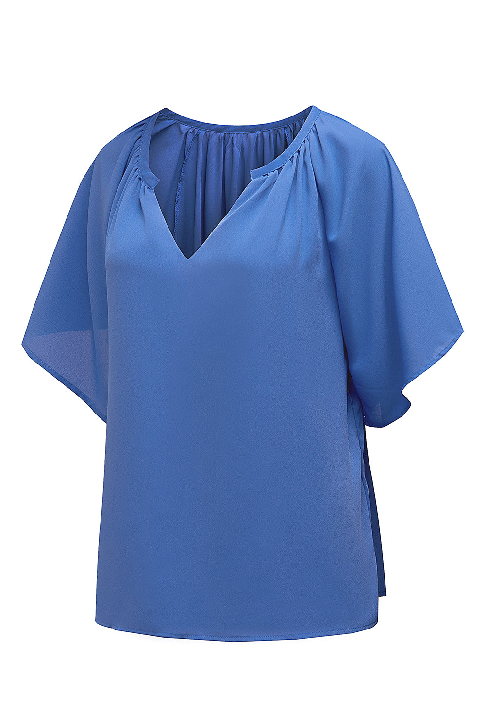 Modra ohlapna nagubana bluza z razcepljenim ovratnikom