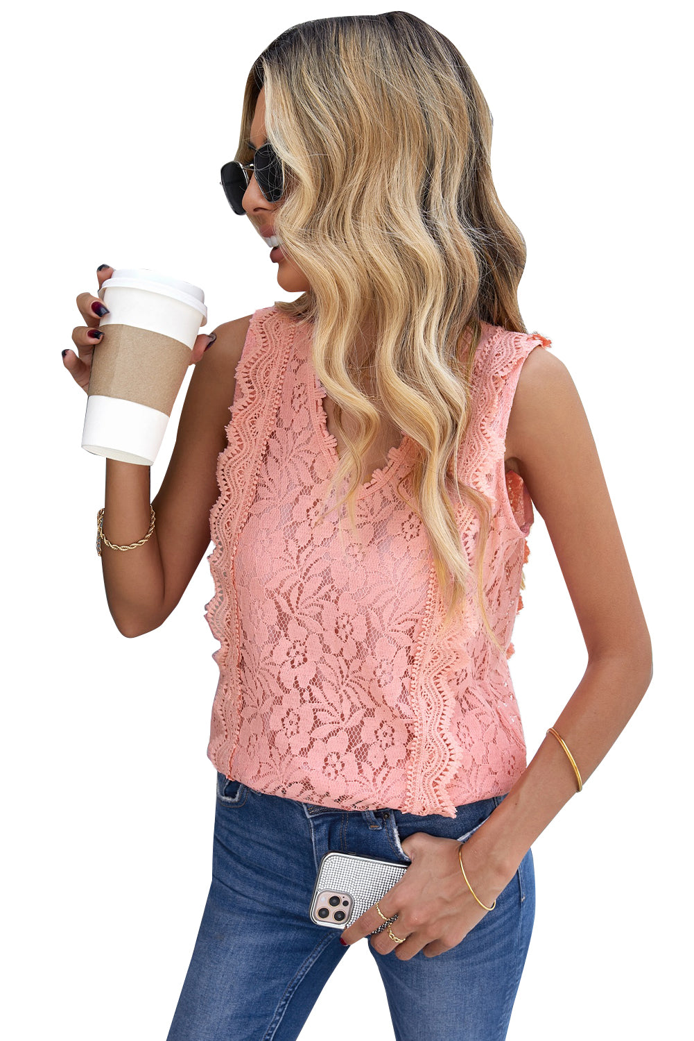 Rožnata čipkasta majica z v-izrezom
