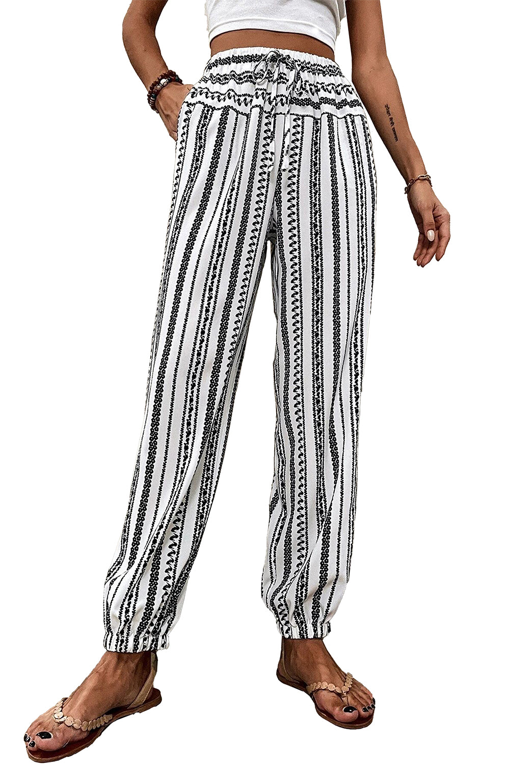 Black Stripe Boho Striped Print Casual Pants