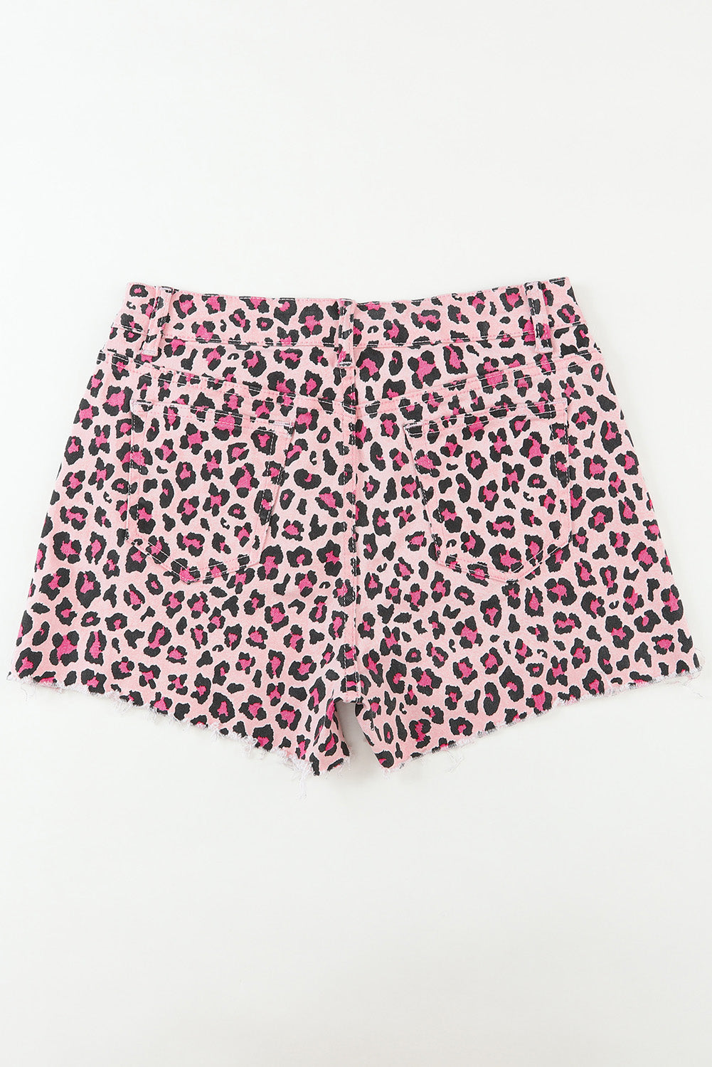 Rosa Denim-Shorts mit unbearbeitetem Saum und Leopardenmuster