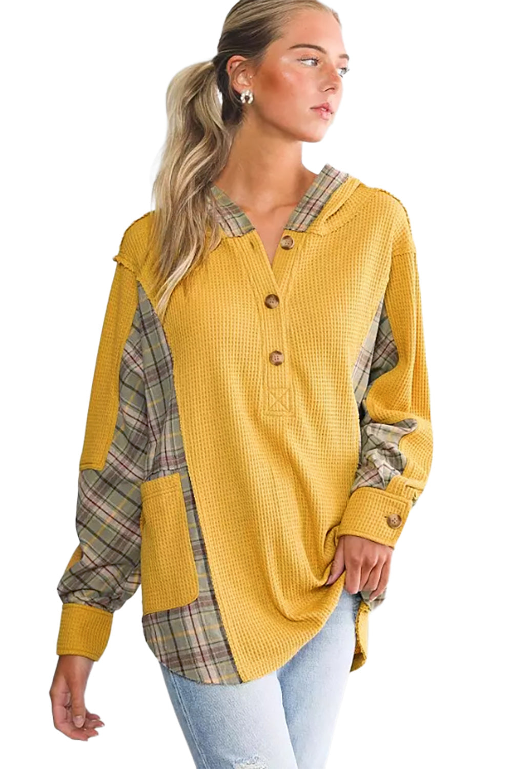 Sweat à capuche Henley jaune avec poches et patchwork à carreaux en tricot gaufré