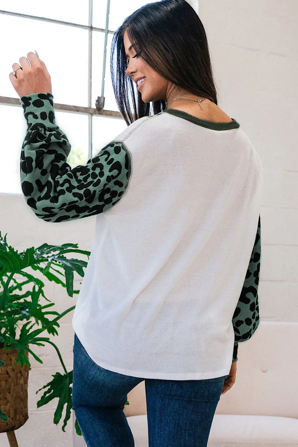 Haut en tricot patchwork color block léopard blanc