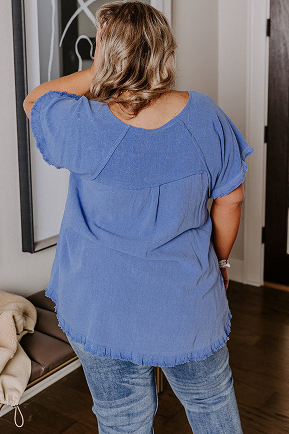 Ashleigh Blue Plus Size Solid Color Short Sleeve Frayed Edge Top