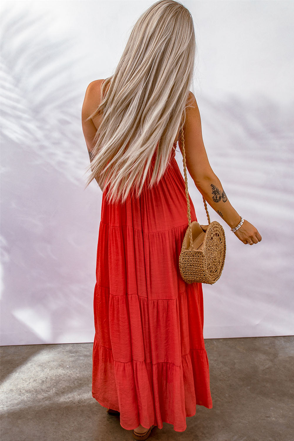 Fiery Red O-ring Smocked Back Spaghetti Straps Tiered Maxi Dress