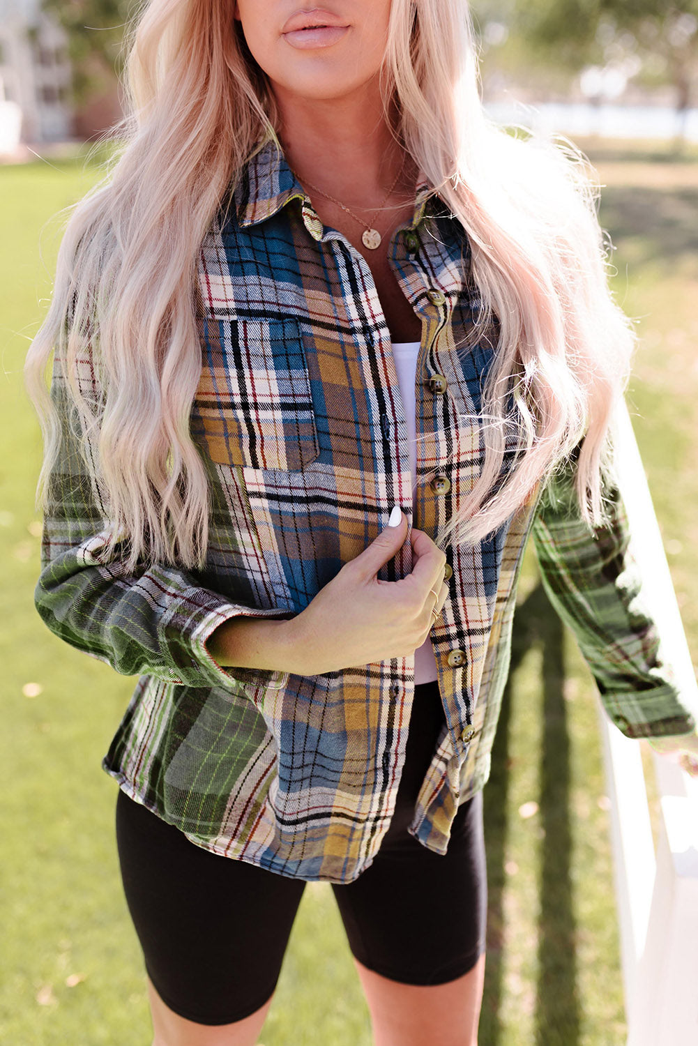Green Chest Pockets Button Up Plaid Shacket