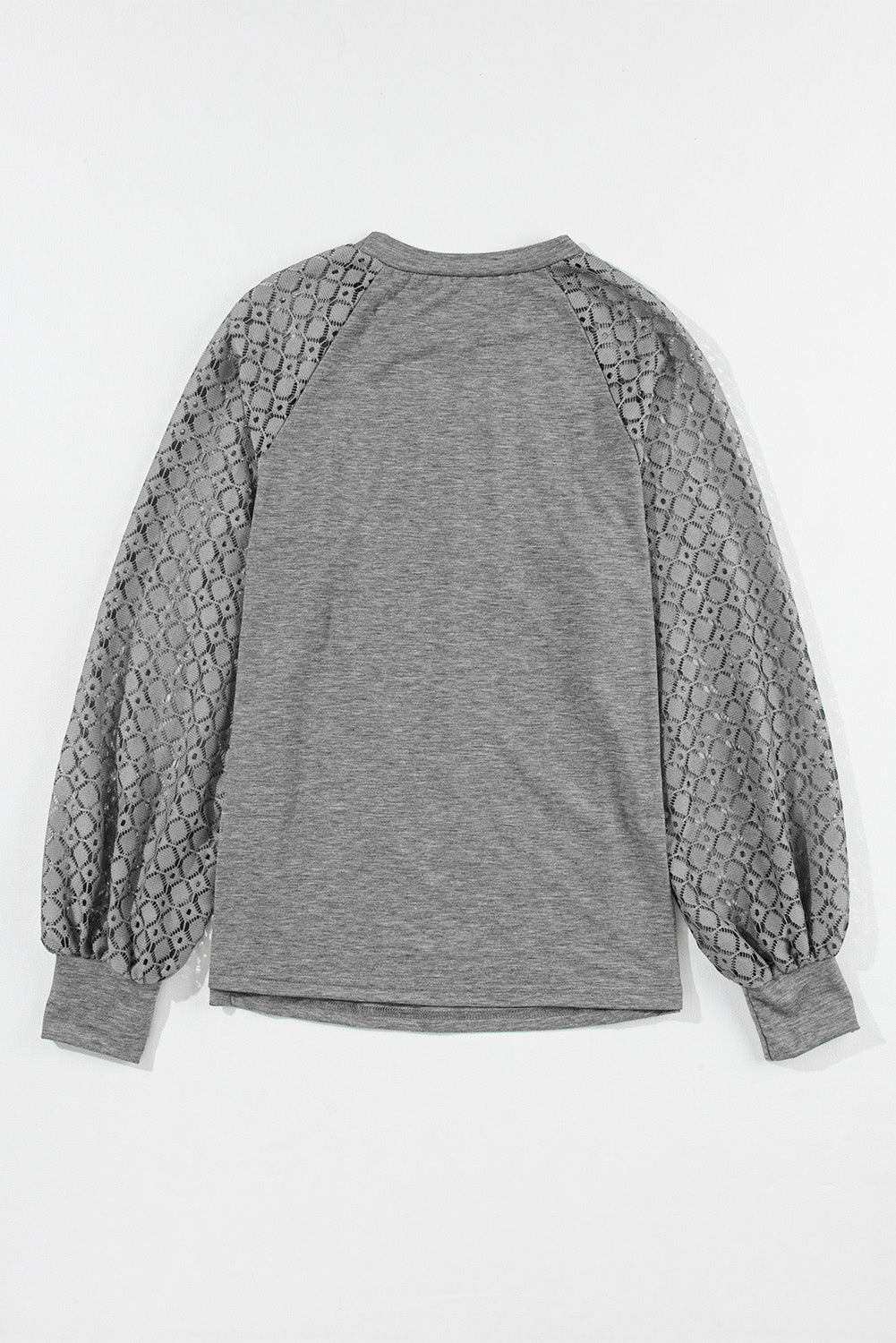 Gray Contrast Lace Raglan Sleeve Plicated Knit Top