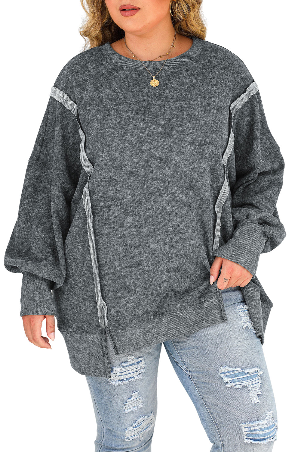 Graues, ausgewaschenes, geteiltes Sweatshirt mit Nähten in Übergröße