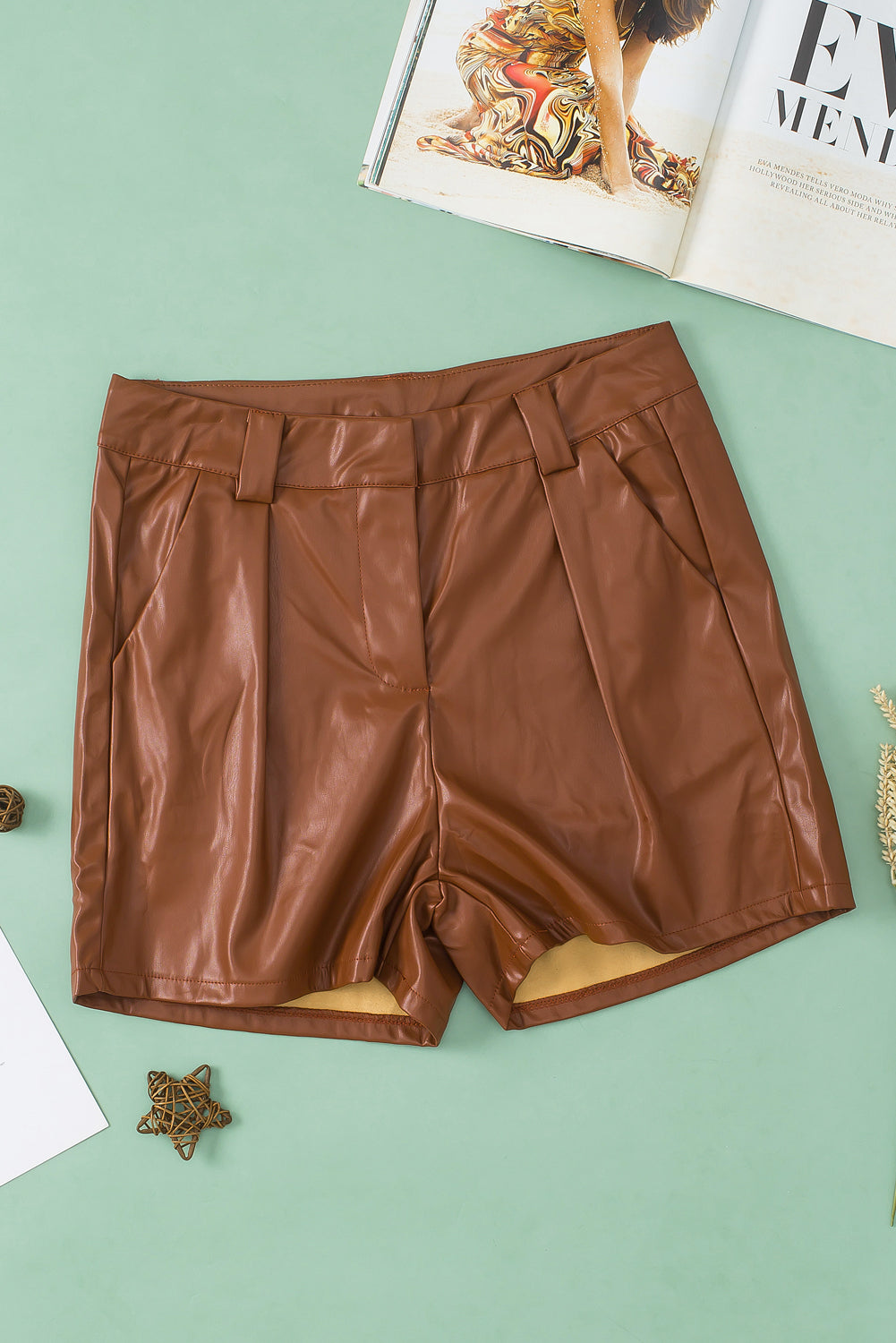 Brown Faux Leather Pleated Casual Shorts