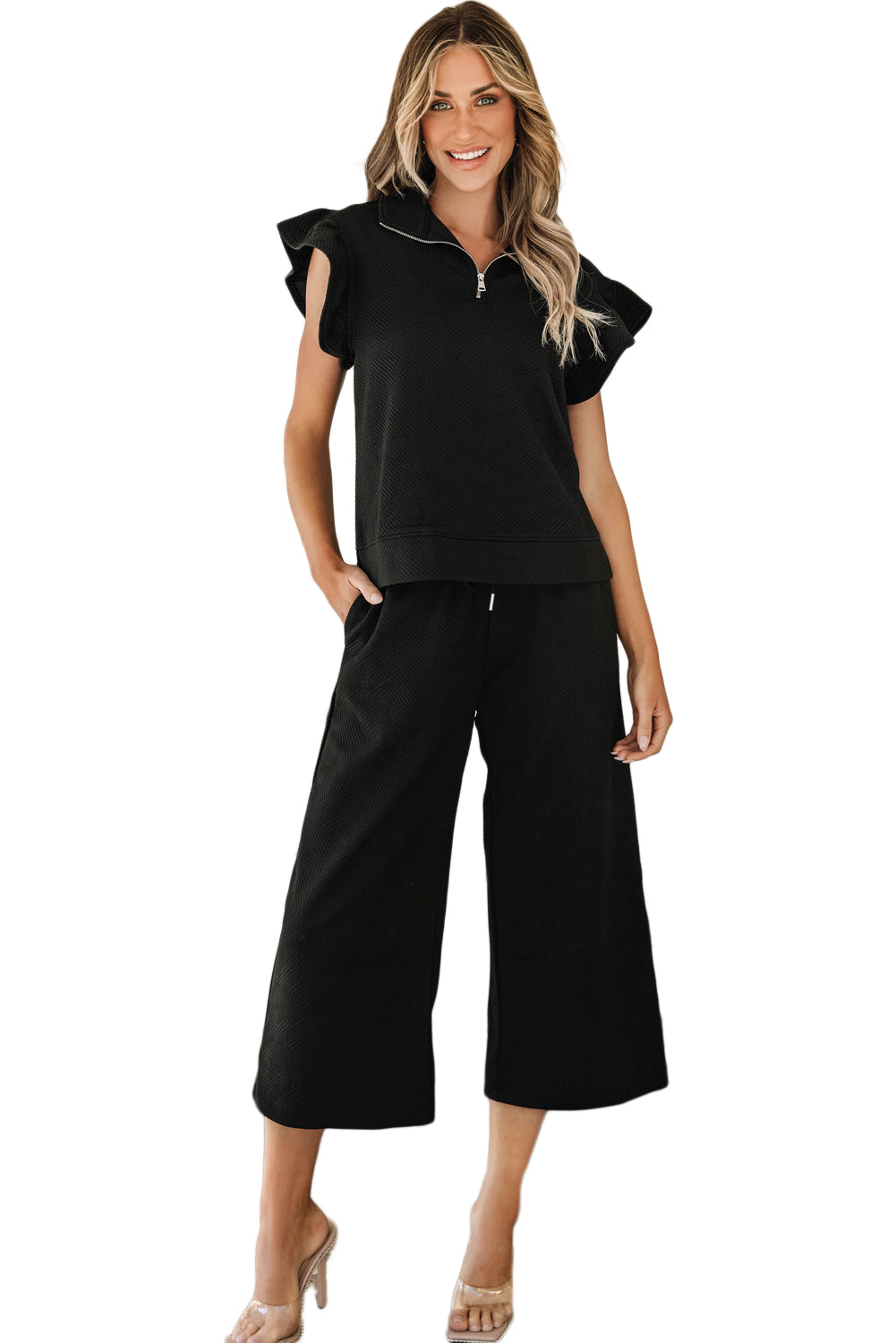 Ensemble haut et pantalon large texturé noir à manches flottantes