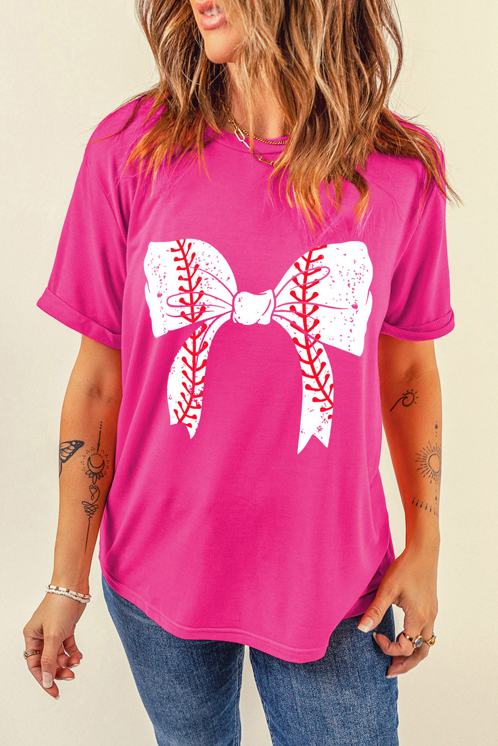 Rosarotes Baseball-Bowknot-Grafik-Freizeit-T-Shirt