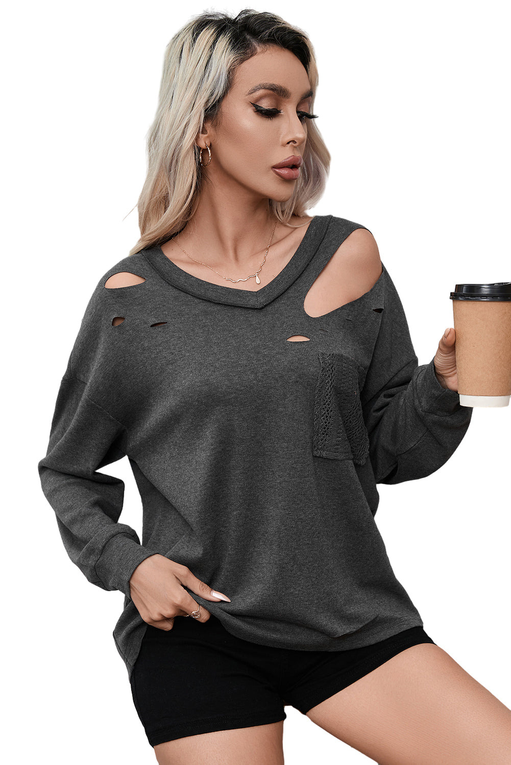 Gray Distressed V Neck Patch Pocket Long Sleeve Top