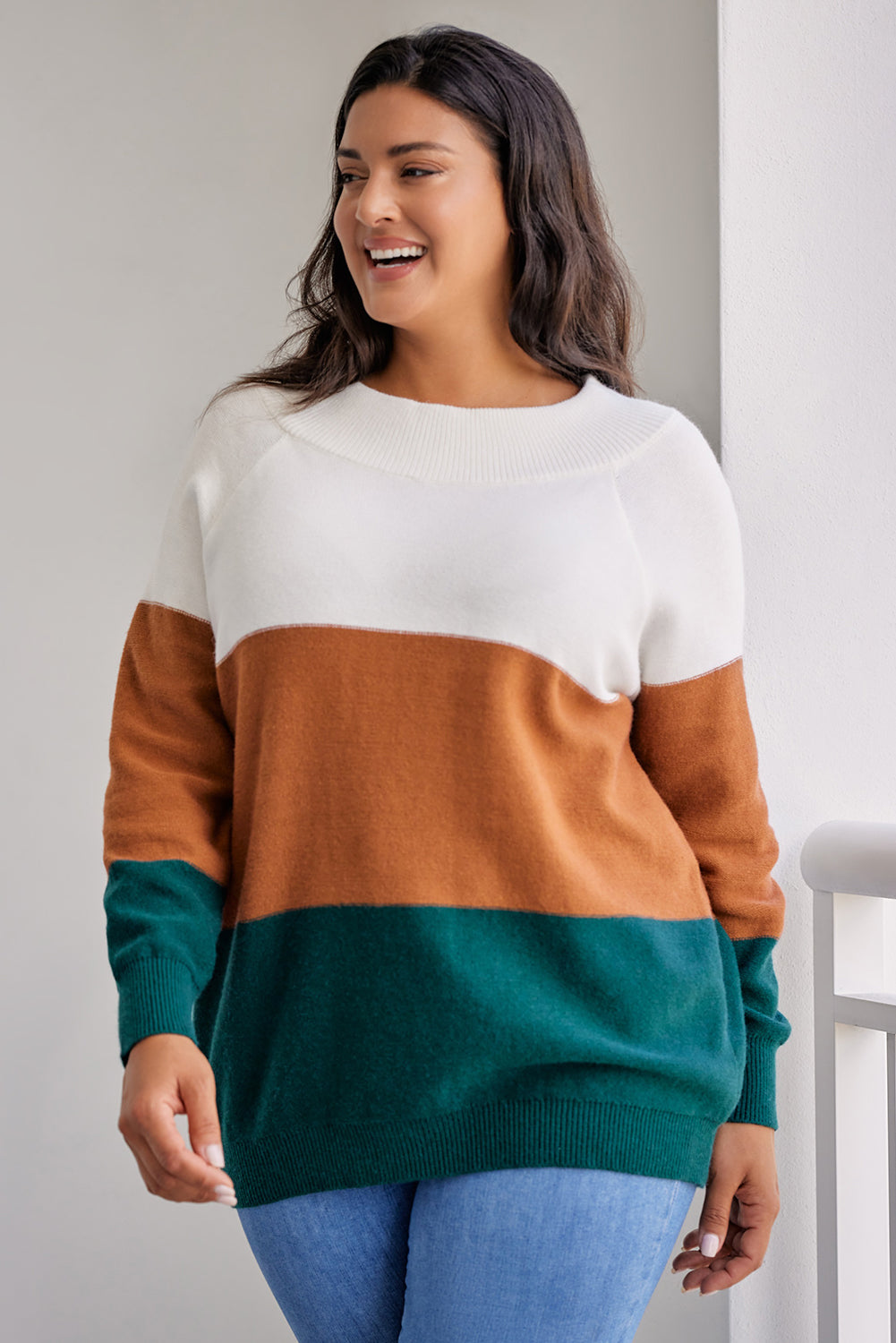 Rjav pulover velike velikosti z rebrastim robom v barvnih blokih