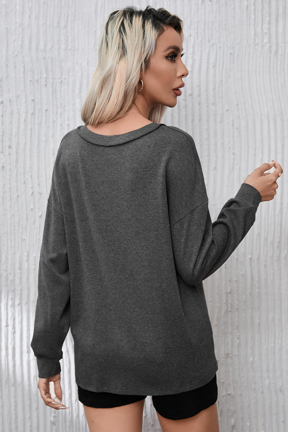 Gray Distressed V Neck Patch Pocket Long Sleeve Top