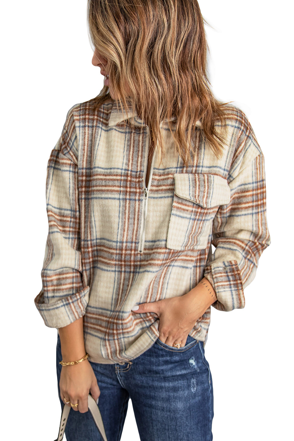 Sweat-shirt à carreaux et demi-zip avec poche poitrine