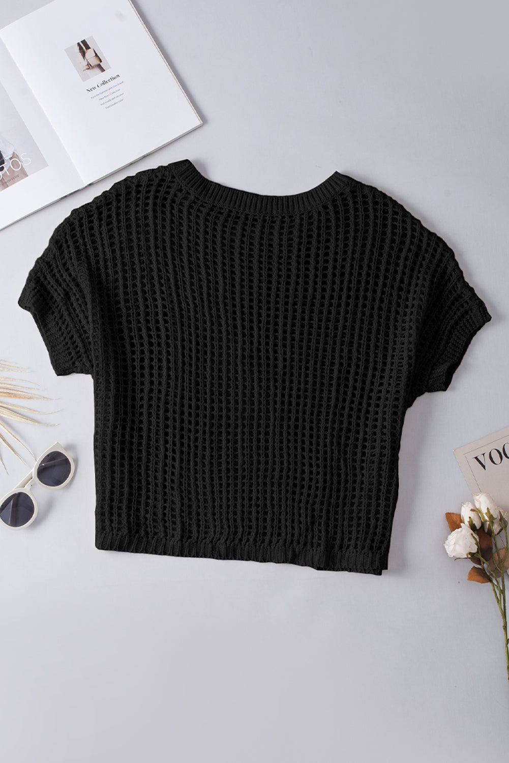 T-shirt maglione a maniche corte con collo rotondo a coste in maglia a rete nera