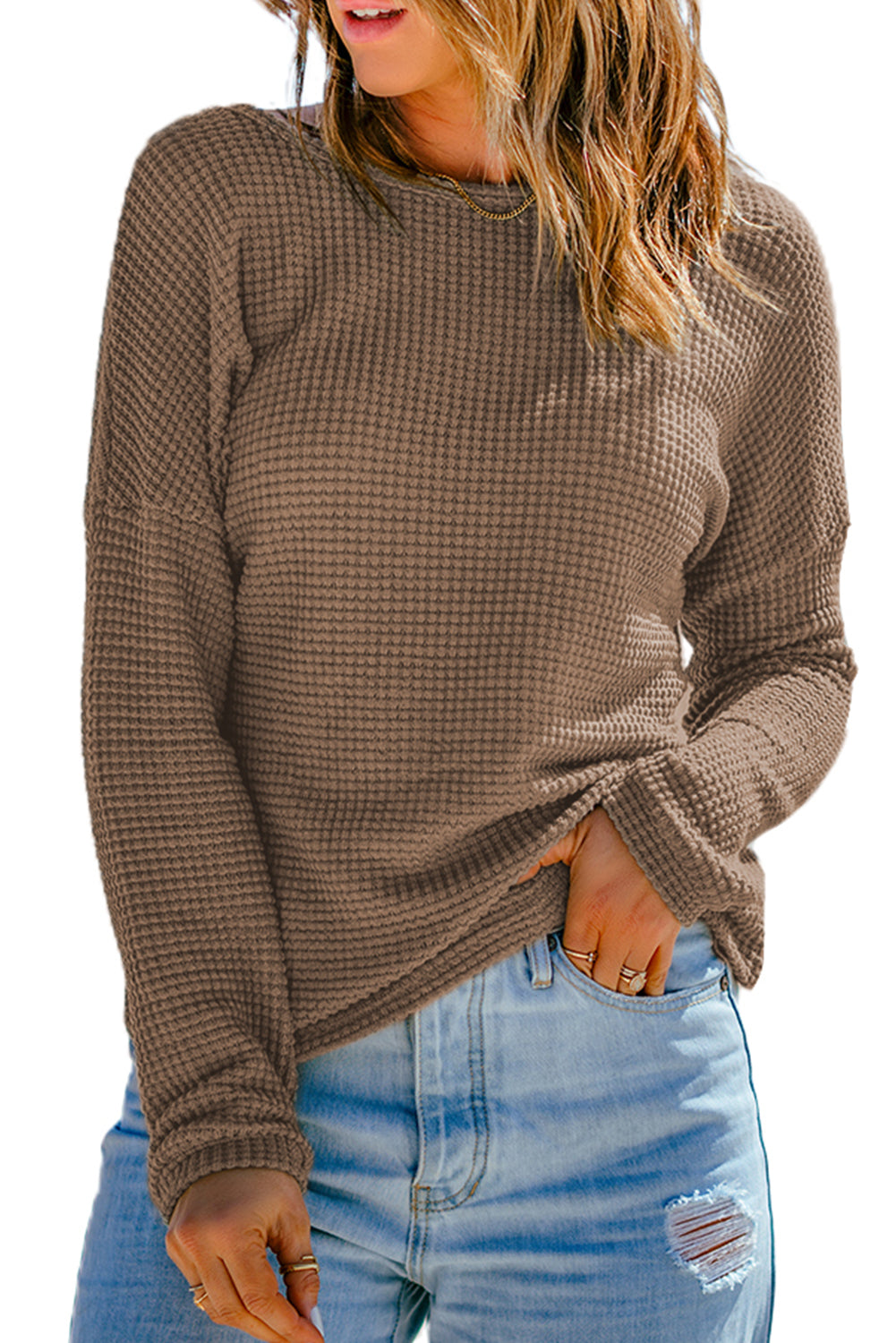 Temno rjava vafelj pletena majica z dolgimi rokavi na spuščena ramena