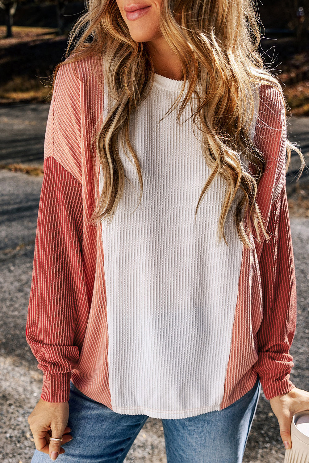 Pale Chestnut Color Block Corded Long Sleeve Top