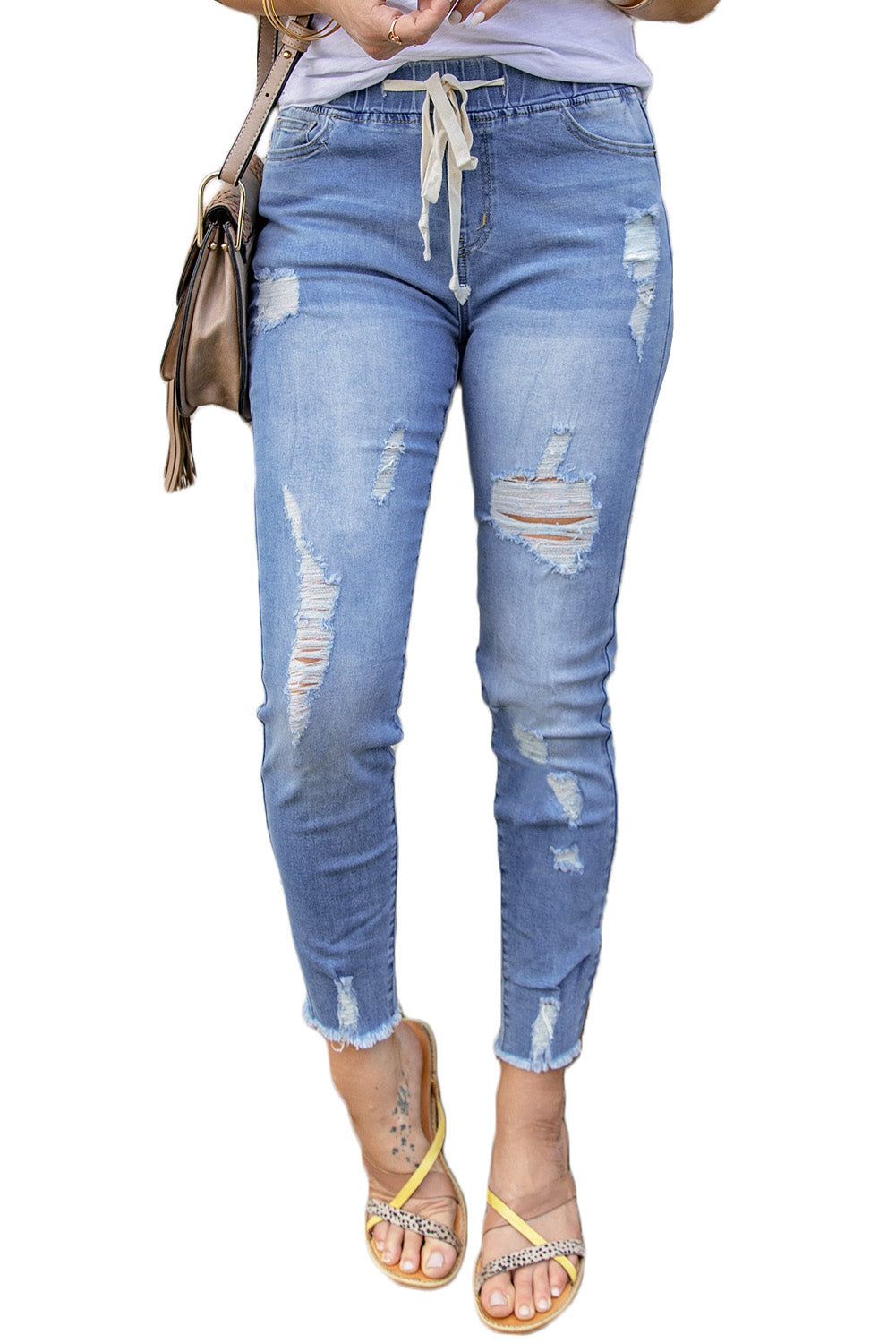 Himmelblaue, zerrissene Jeans mit Kordelzug und elastischem Bund