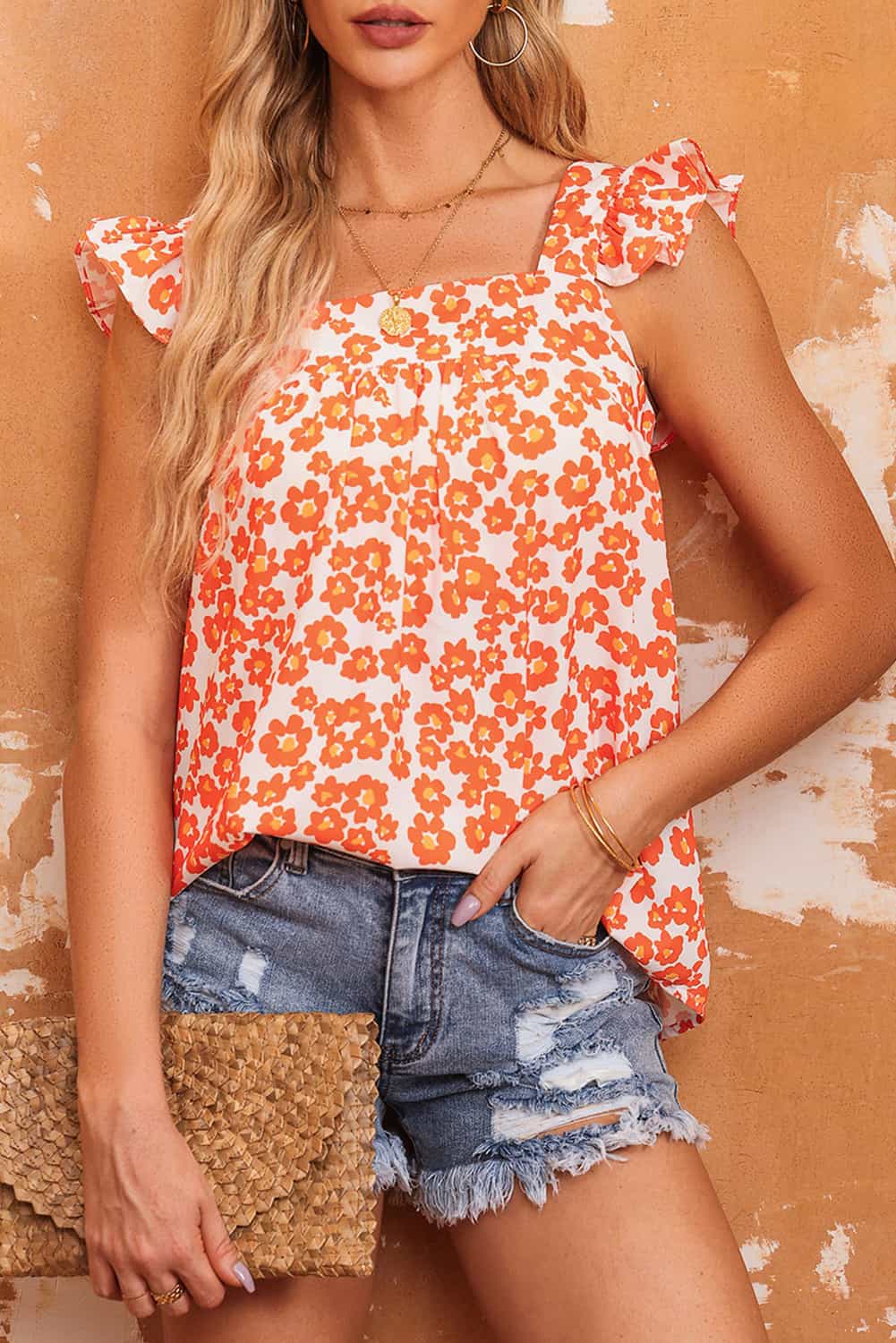 Narančasta majica s naborima s kvadratnim izrezom i cvjetnim printom