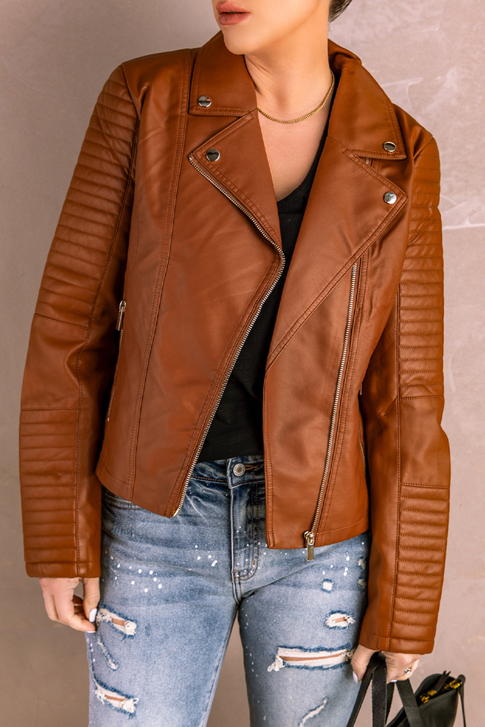 Veste de moto zippée en simili cuir marron avec coutures côtelées