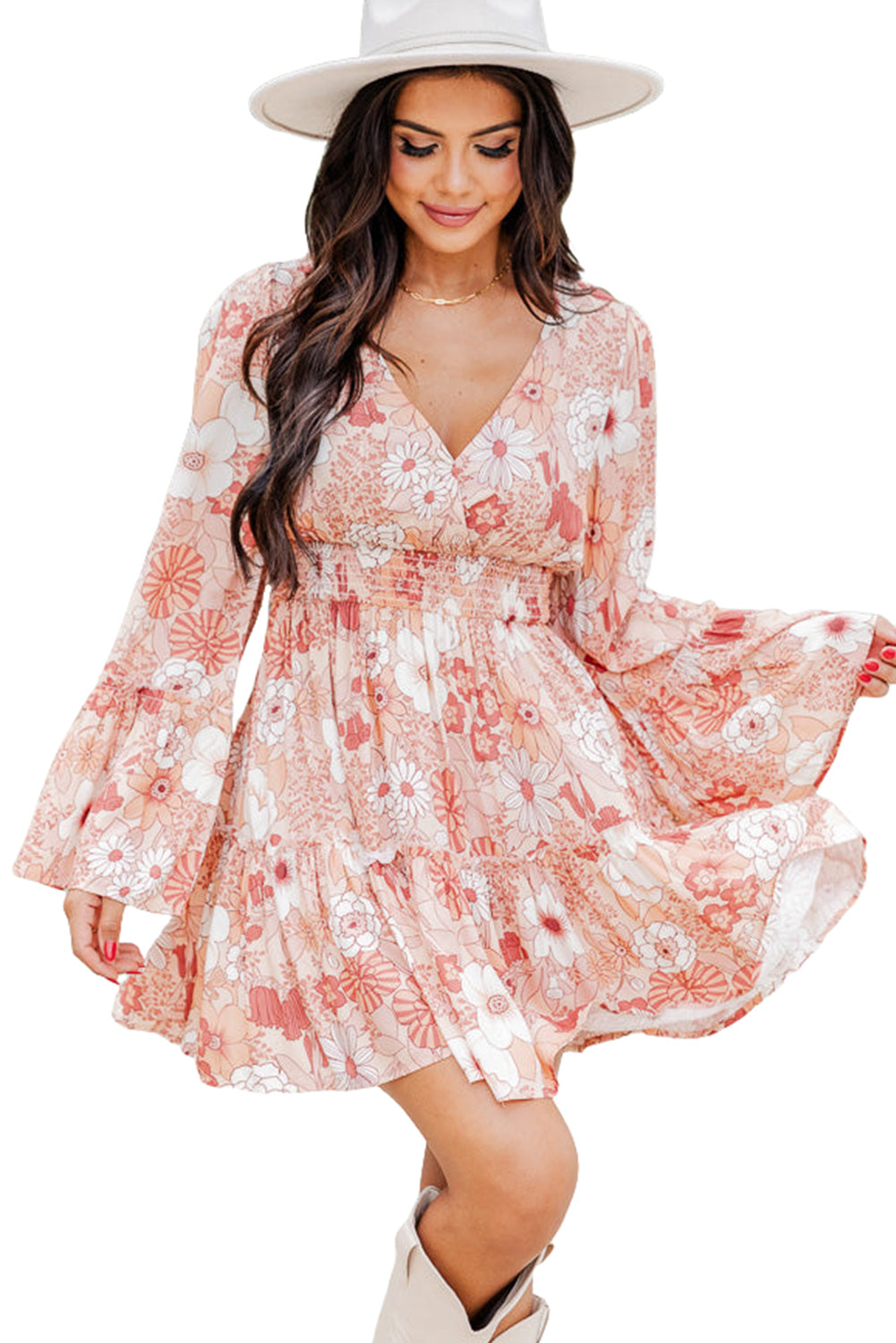 Mini haljina visokog struka s cvjetnim dimljenim rukavima