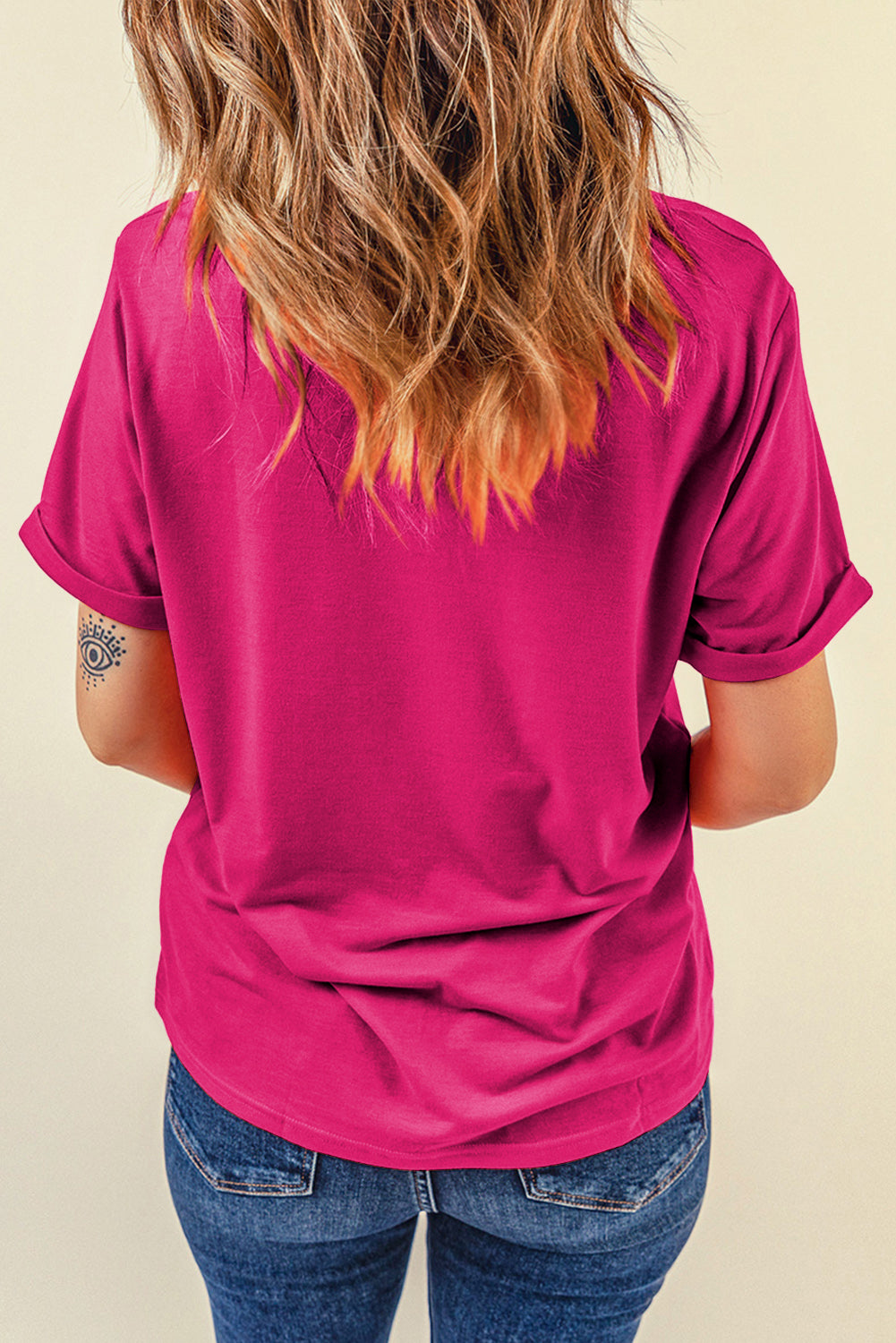 T-shirt girocollo tinta unita casual rosso rosa