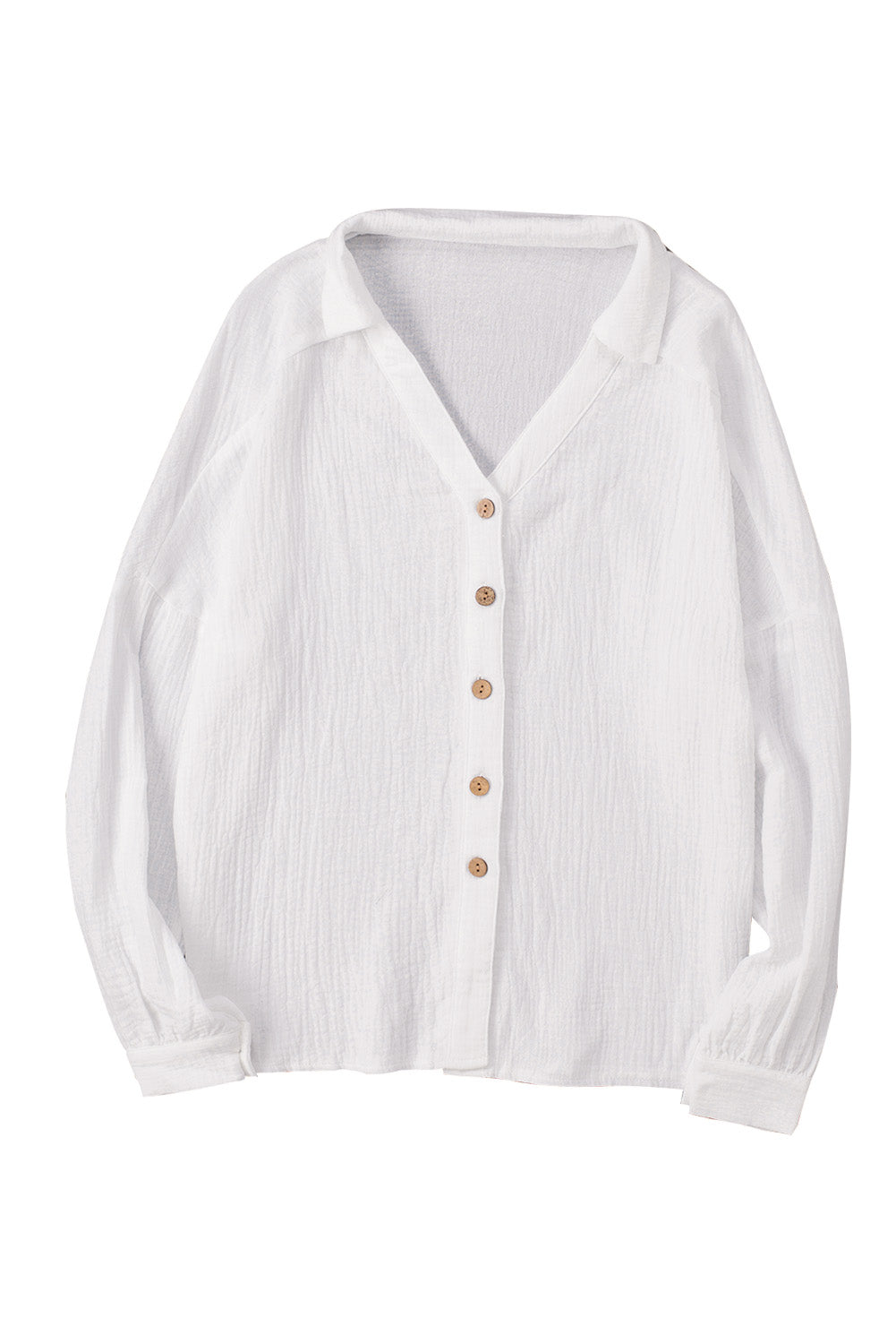 Camicia bianca con colletto risvoltato e scollo a V con polsini increspati