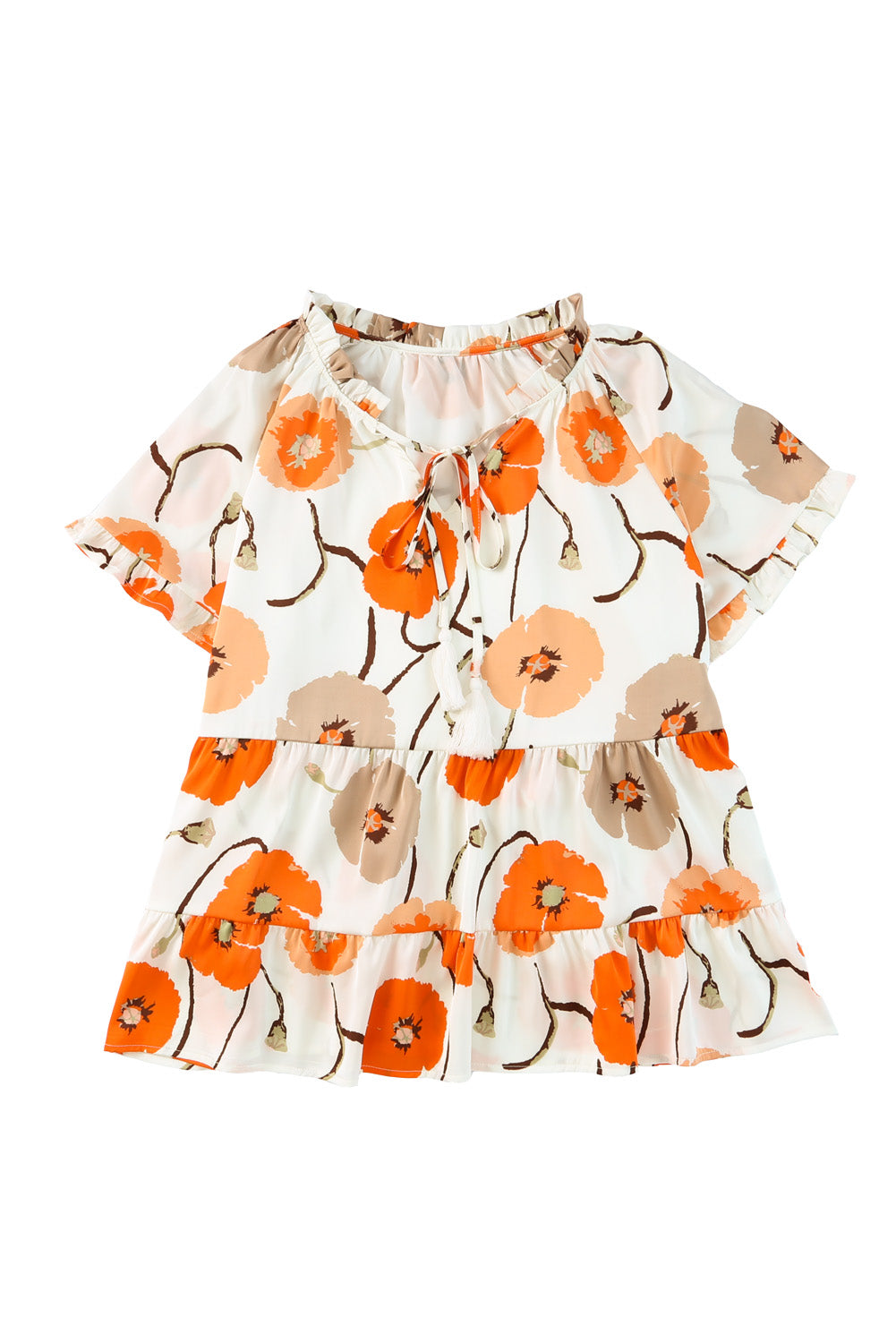 Narančasta Babydoll bluza s volanima i okovratnikom s cvjetnim uzorkom