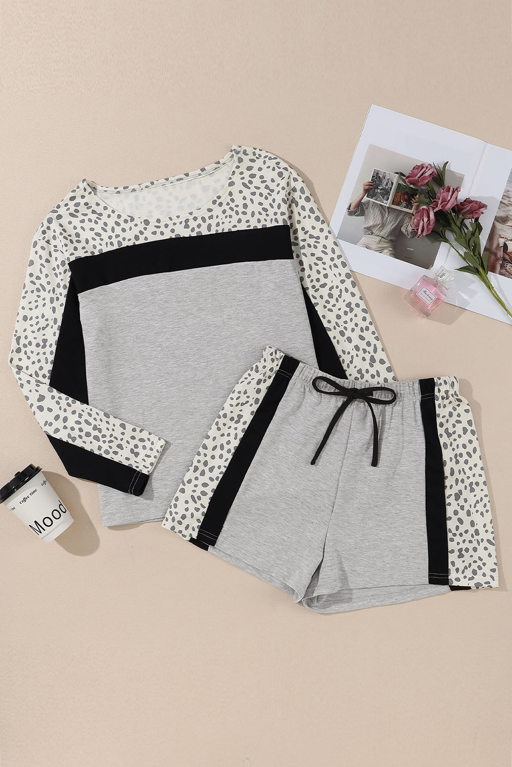 Set pullover e pantaloncini patchwork color block leopardato grigio