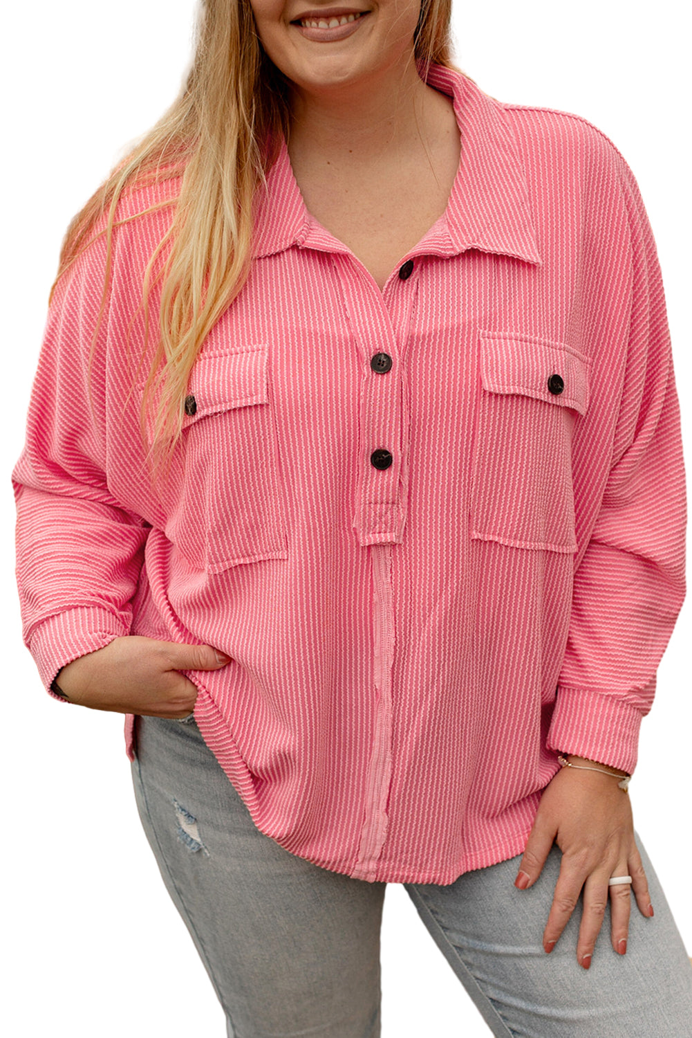 Ružičasta majica s rebrastim dugim rukavima velike veličine i dugim rukavima