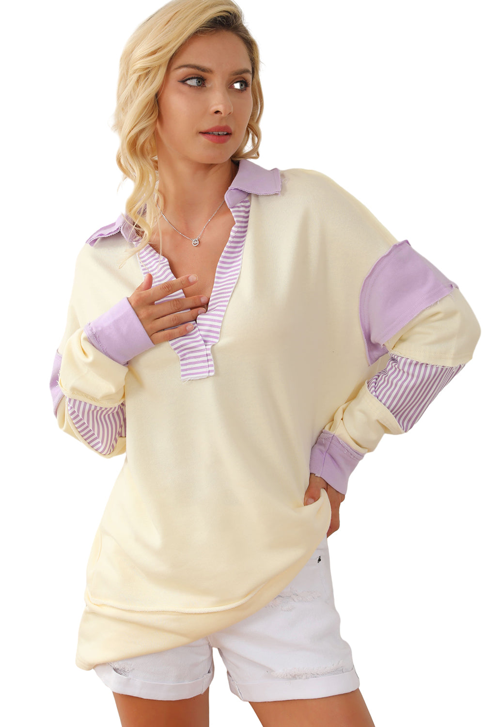 Sweat-shirt blanc à col fendu et rayures color block