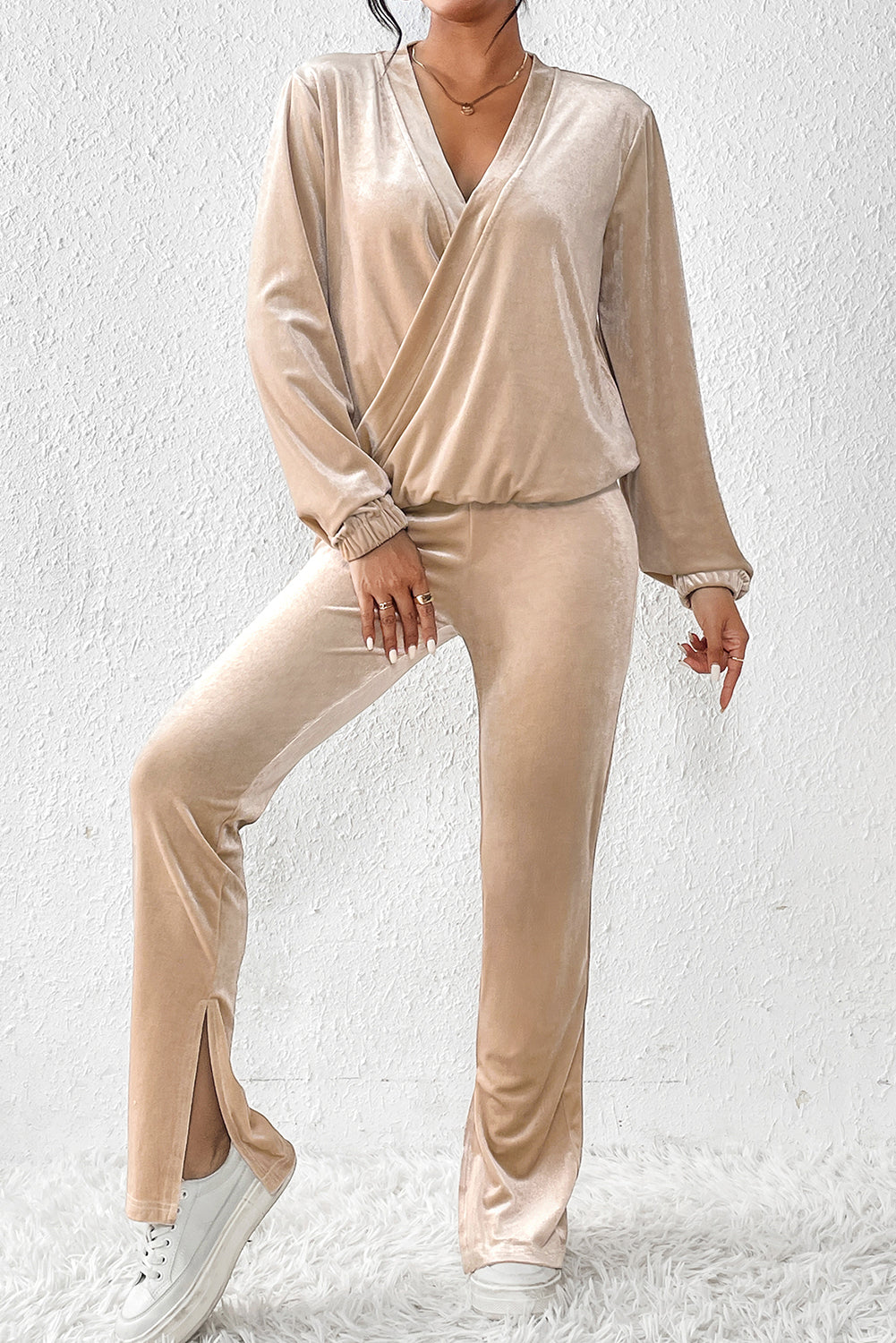 Khaki Drape V Neck Split Bottom Velvet Pants Set