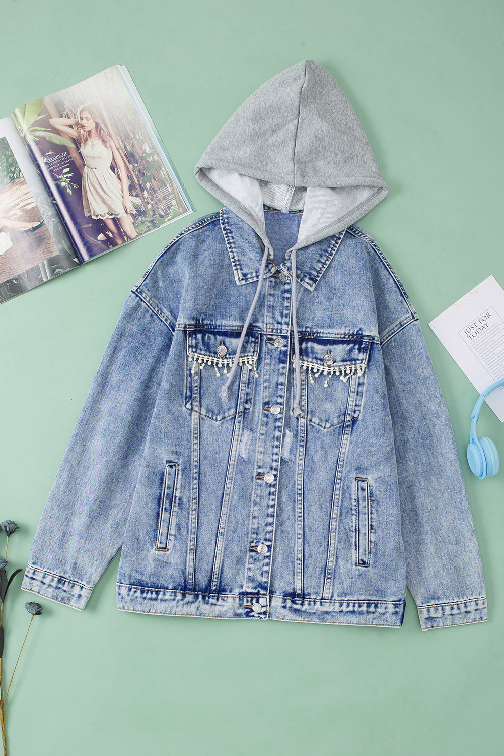 Sky Blue Rhinestone Fringed Pocket Buttoned Hooded Denim Jacket