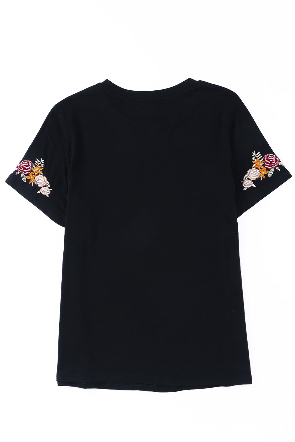 Schwarzes, kurzärmliges T-Shirt mit Rundhalsausschnitt und Blumenstickerei