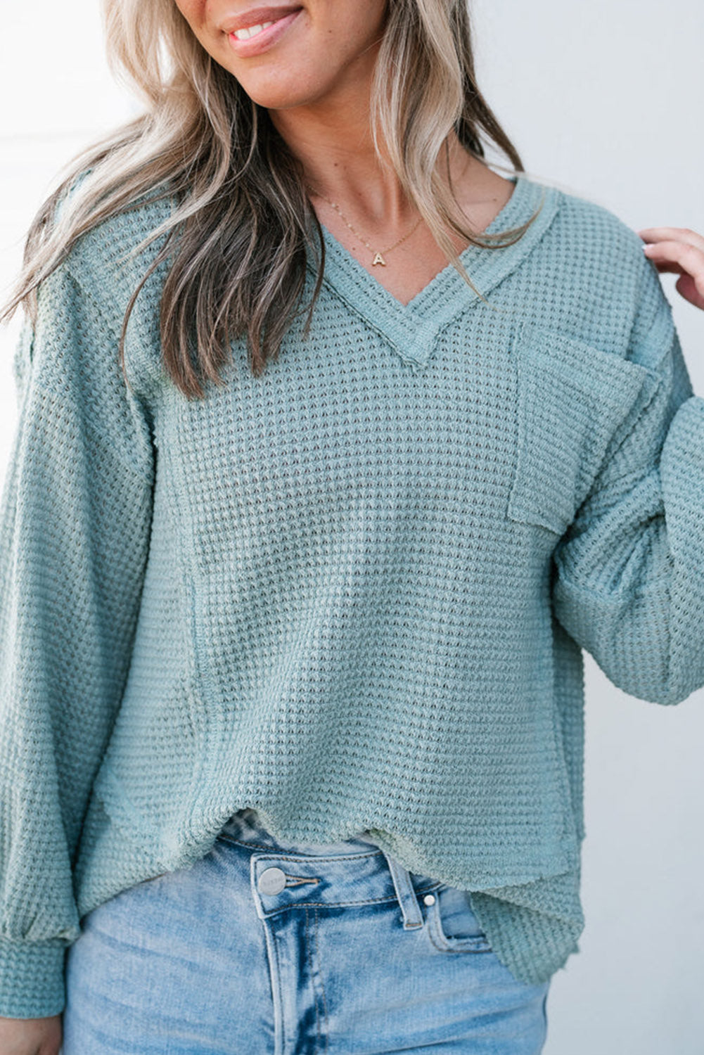 Mist Blue Raw Edge Detail Waffle Knit V Neck Top