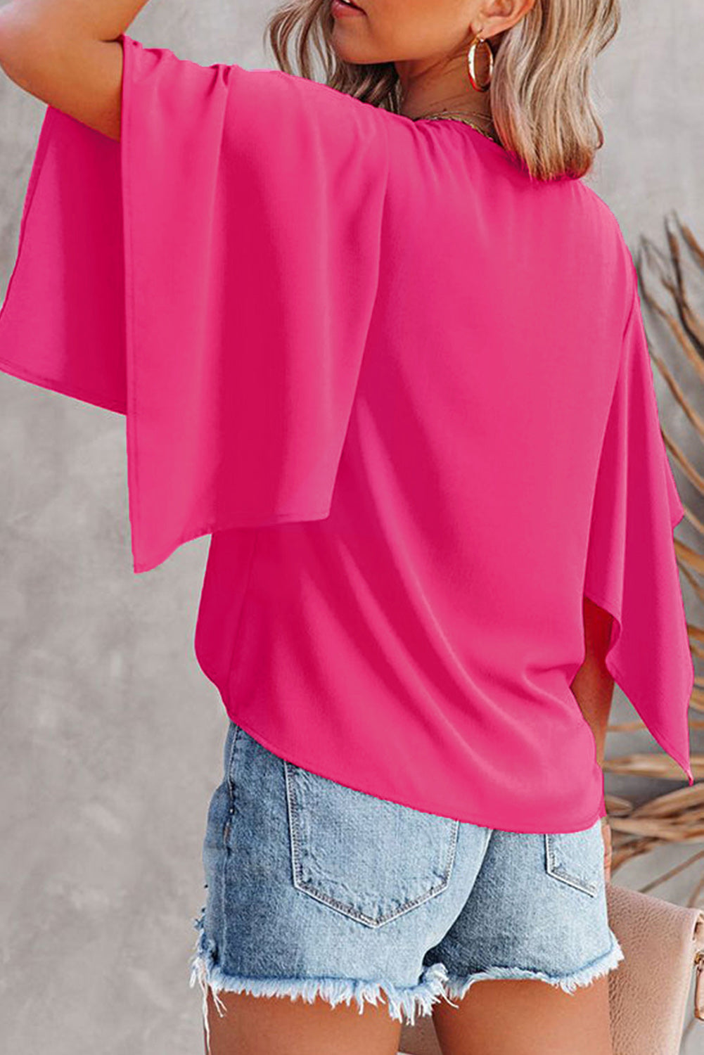 Rose Plain Volant Bluse mit Glockenärmeln und V-Ausschnitt