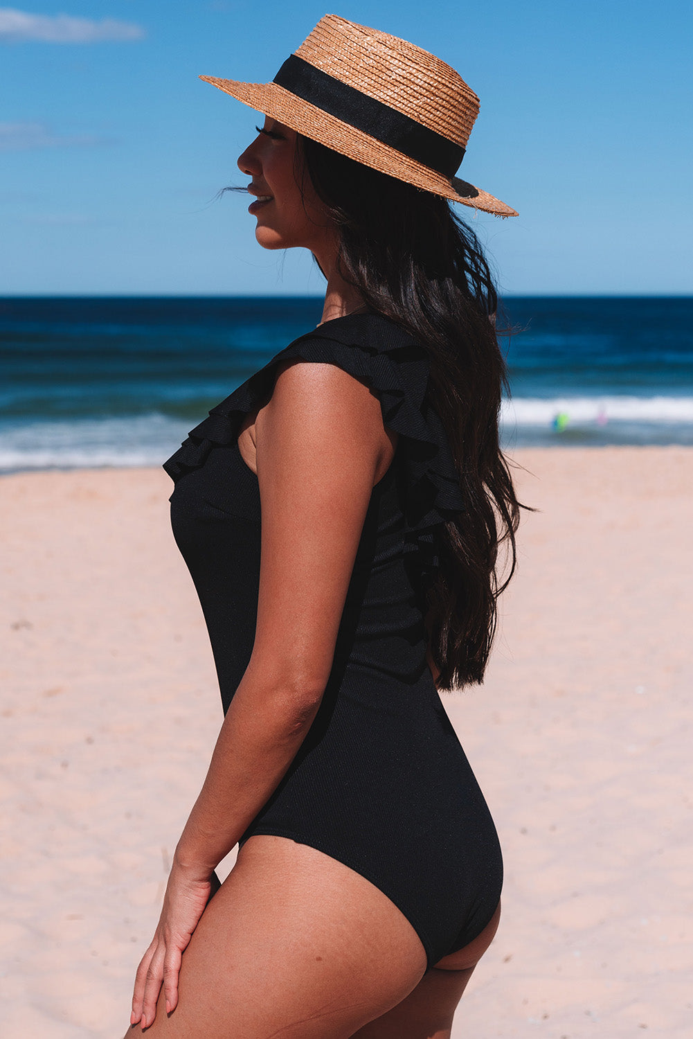 Black Ruffle Tiered One Shoulder One Piece Swimsuit